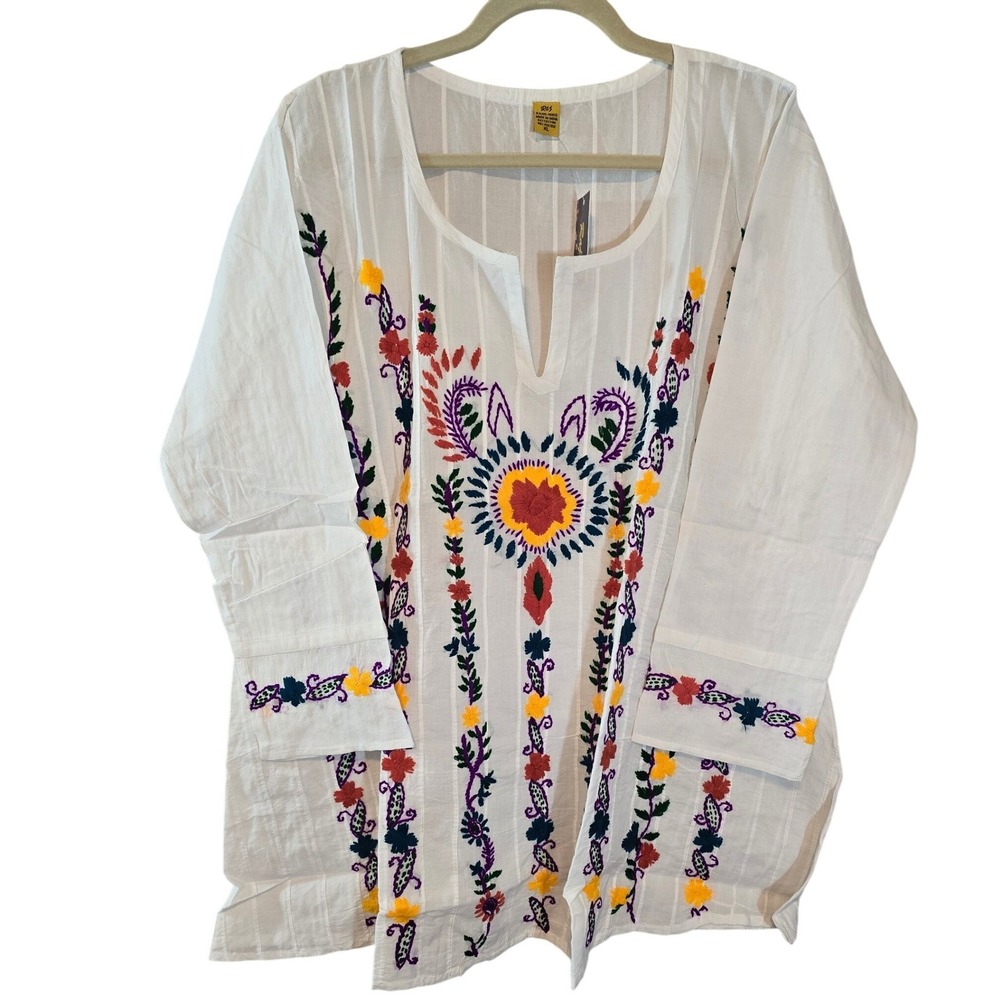 Raj Women White‎ Embroidered Floral Tunic Top Split Neck Cotton Viscose XL New